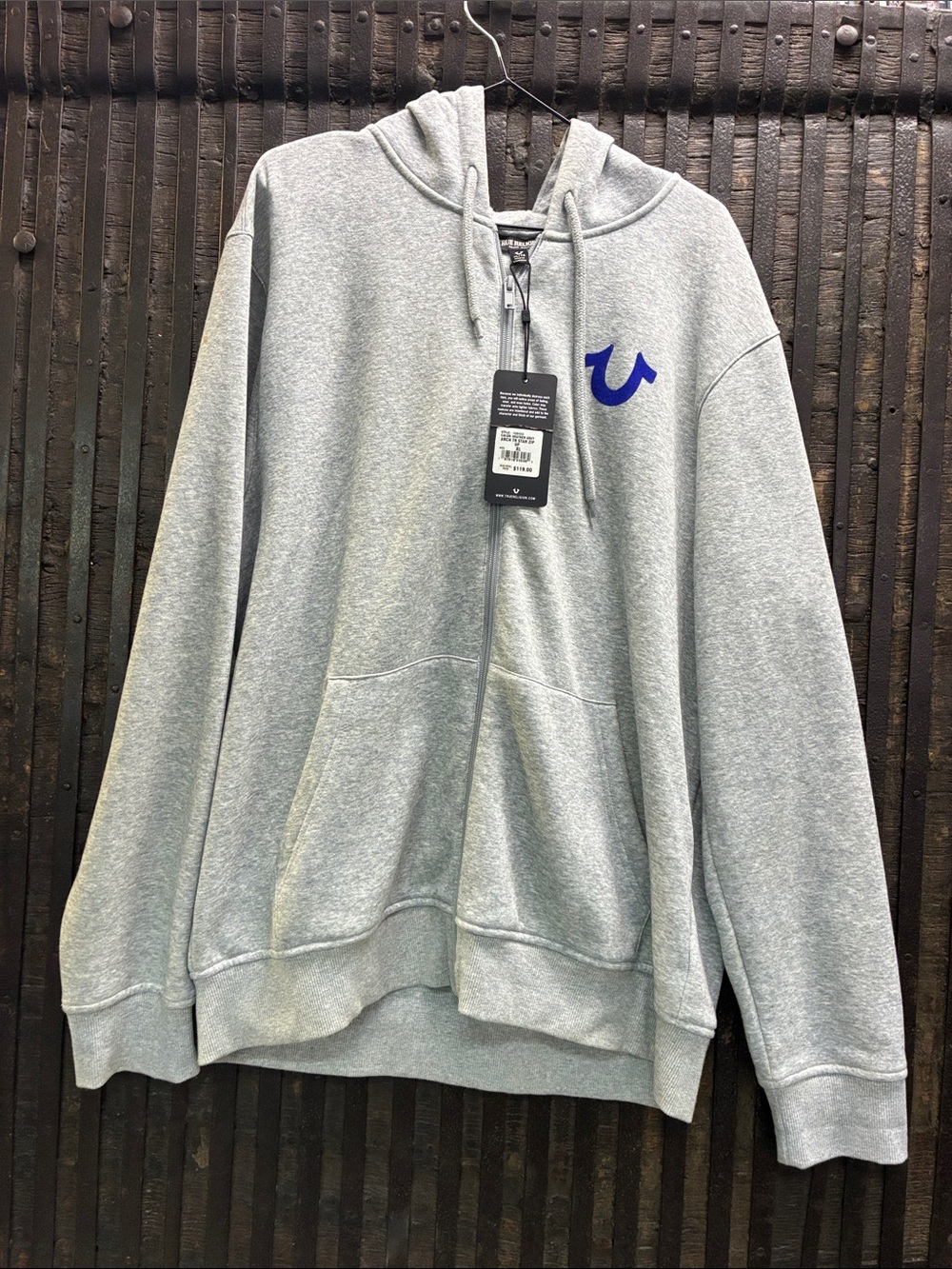 True Religion Heather Gray Full-Zip Hoodie with Blue Logo